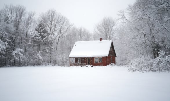 A small red cabin is covered in snow photo