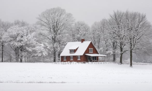 A small red house sits in a snowy field photo