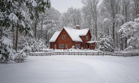 A house with a red roof and a white fence is covered in snow photo
