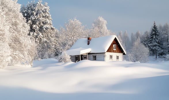 A small cabin in the snow with a chimney photo