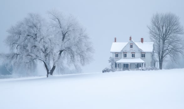 A house sits in a snowy field with a tree in front of it photo