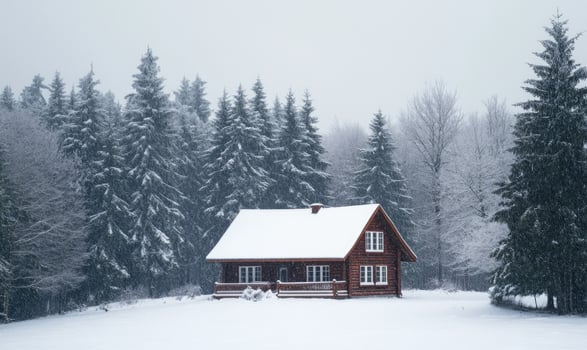 A small cabin in the woods is covered in snow photo