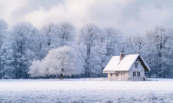 A small white house sits in a snowy field photo