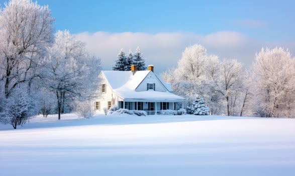 A house with a porch is covered in snow photo