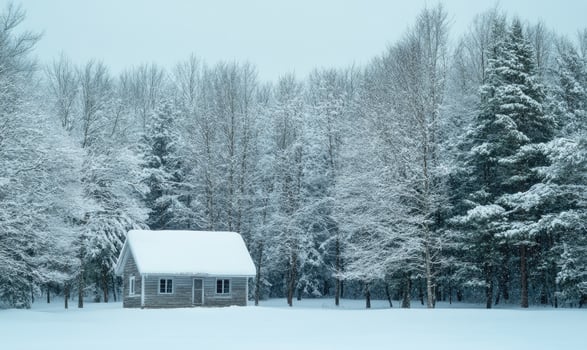 A small cabin is surrounded by trees covered in snow photo