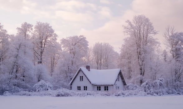 A small white house with a chimney sits in a snowy field photo