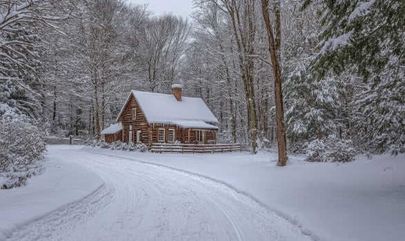 A log cabin in the woods with a snow covered driveway photo
