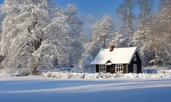 A small house is covered in snow and sits in a field photo