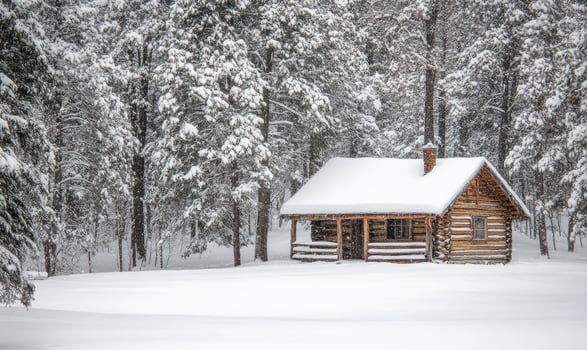 A log cabin is covered in snow and sits in a snowy field photo