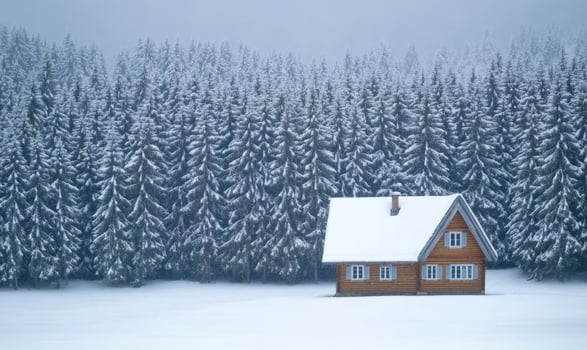 A small cabin is surrounded by trees covered in snow photo