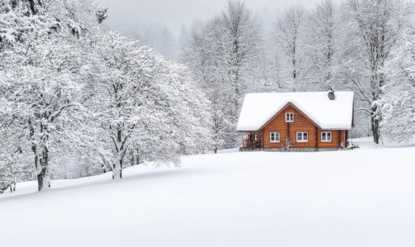 A small cabin is surrounded by snow and trees photo