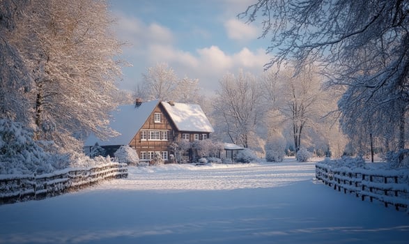 A house with a white roof sits in a snow-covered field photo