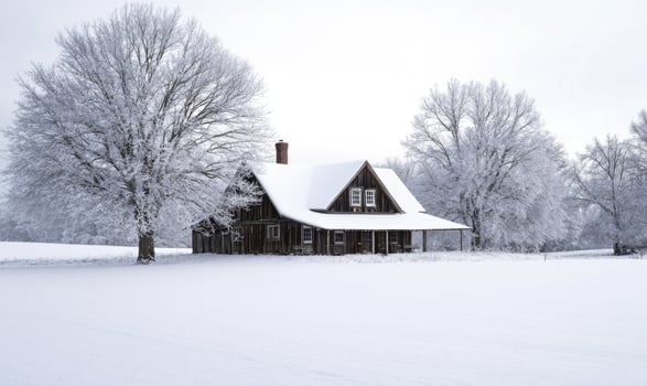 A small house with a porch sits in a snowy field photo