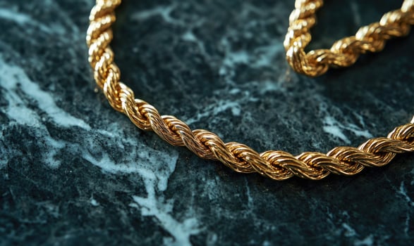 A gold chain with a gold clasp is laying on a marble surface photo