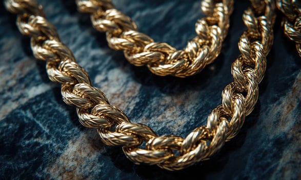 A gold chain with a gold clasp is laying on a stone surface photo