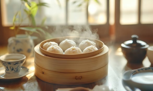 A wooden box with steam coming out of it and a few bowls on a table photo