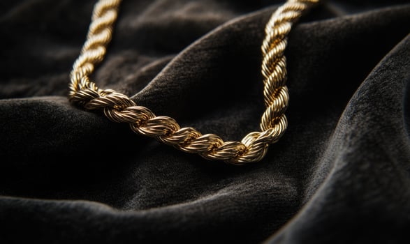 A gold chain necklace is laying on a black cloth photo
