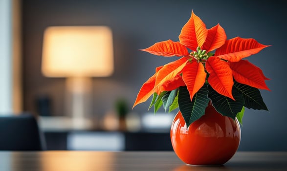 A red poinsettia flower in a red vase sits on a table photo