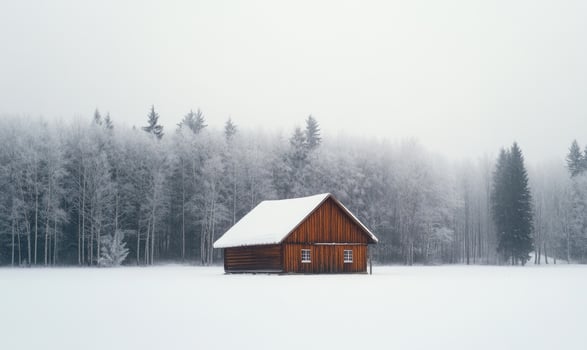 A small cabin is surrounded by trees and covered in snow photo