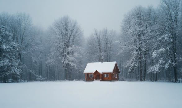 A small cabin is surrounded by trees and covered in snow photo
