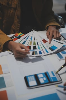 Professional interior designer at workplace in office, closeup photo