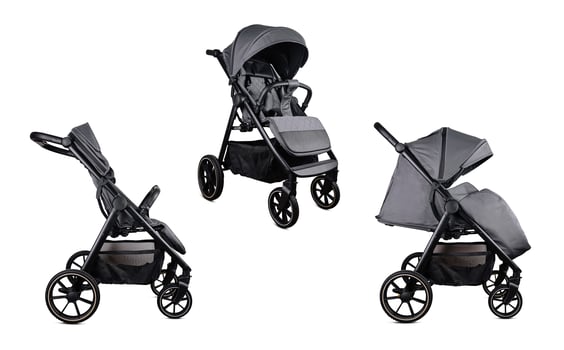 Modern baby stroller isolated on white background showing different viewing angles photo