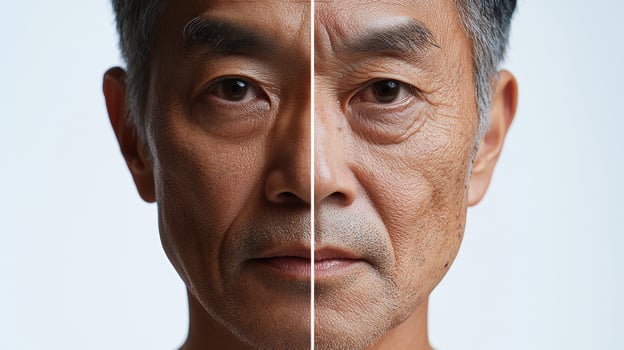Advertisement image featuring a Southeast Asian man face split into two halves, one side showcasing vibrant, youthful skin, and the other side illustrating the aging process with wrinkles photo