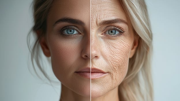 In a clean, minimalist setting, a European woman face is divided into two halves, with one side showing smooth, youthful skin and the other displaying pronounced aging effects like wrinkles, photo