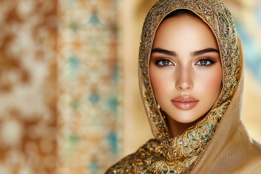 A portrait of a woman in her 20s, of Middle Eastern descent, wearing a traditional embroidered abaya and gold jewelry photo