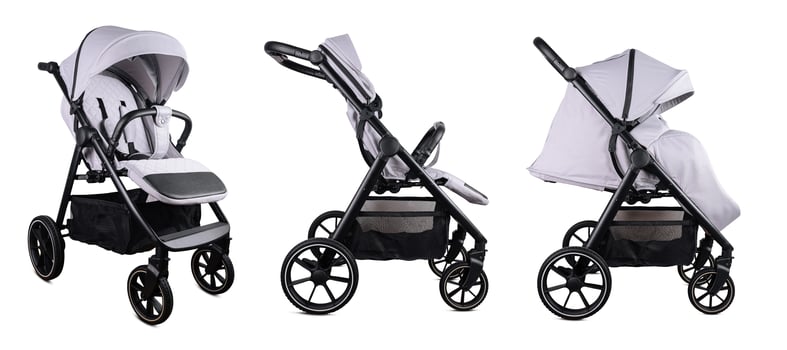 Modern baby stroller isolated showing different viewpoints photo