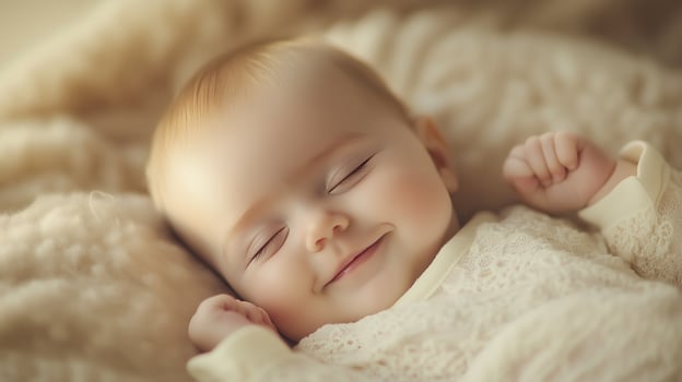 Happy baby smiling against a warm, golden bokeh background, creating a soft and joyful atmosphere. photo
