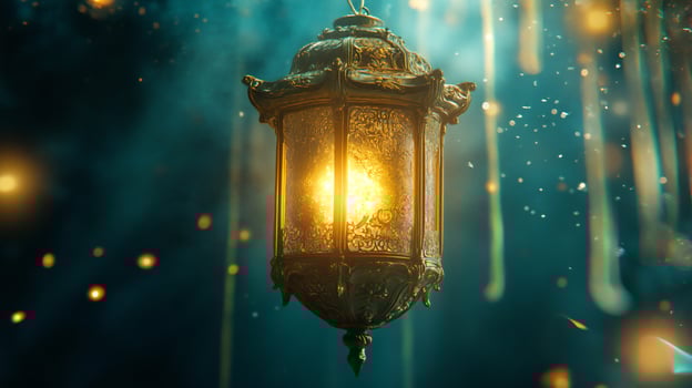 A glowing antique lantern with intricate details, surrounded by floating magical lights in a warm, mystical atmosphere. photo