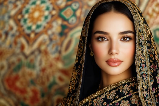 A beautiful portrait of a woman in traditional Arabic clothing, wearing an embroidered black shaw photo