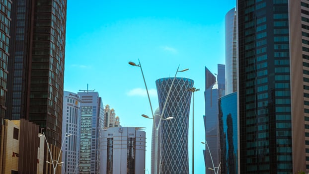 The skyline of West Bay and Doha City Center during sunrise, Qatar photo