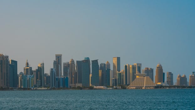 The skyline of West Bay and Doha City Center during sunrise, Qatar photo