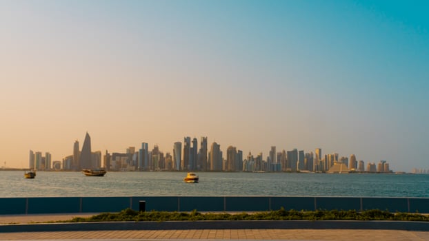 The skyline of West Bay and Doha City Center during sunrise, Qatar photo