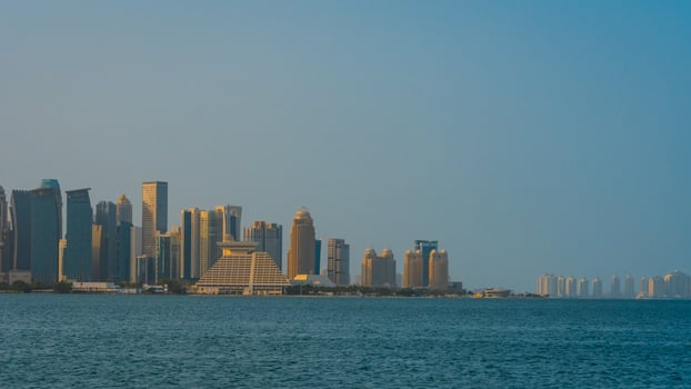 The skyline of West Bay and Doha City Center during sunrise, Qatar photo