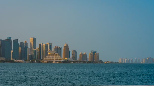 The skyline of West Bay and Doha City Center during sunrise, Qatar photo