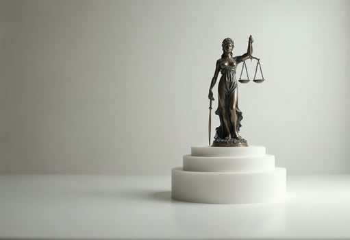 Bronze statue of Lady Justice holding scales on a white pedestal. photo