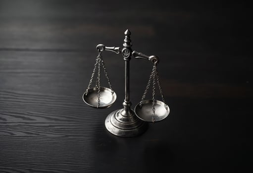 Silver balance scale on dark wooden table, symbolizing justice and equality. photo