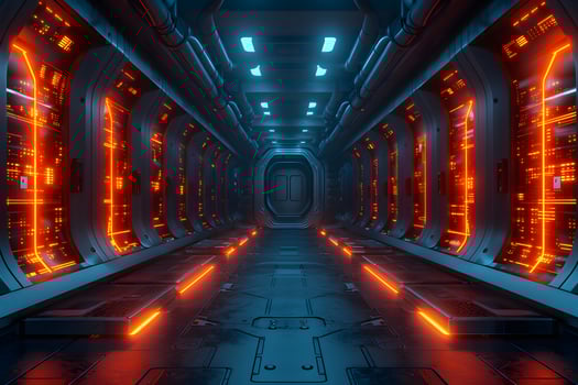 Futuristic Sci-Fi Spaceship Corridor with Glowing Orange Panels - Perfect for Sci-Fi Posters and Game Design Concepts photo