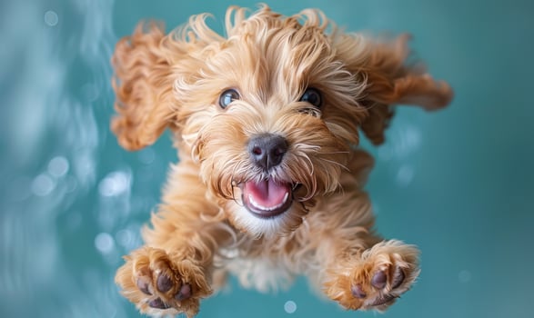 A cute little dog is jumping into the air with its tongue out. The dog is brown and has a happy expression on its face photo