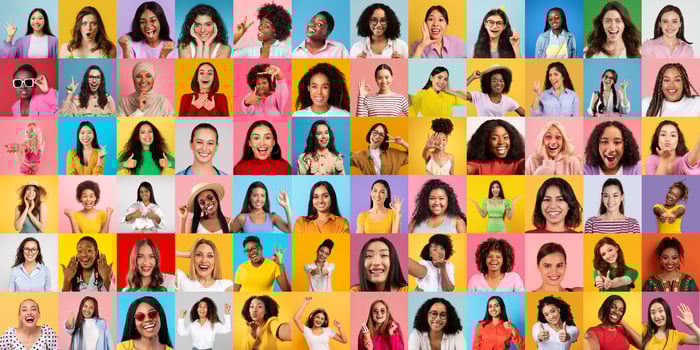 An array of joyous women from around the world smiling brightly, representing unity and diverse beauty photo