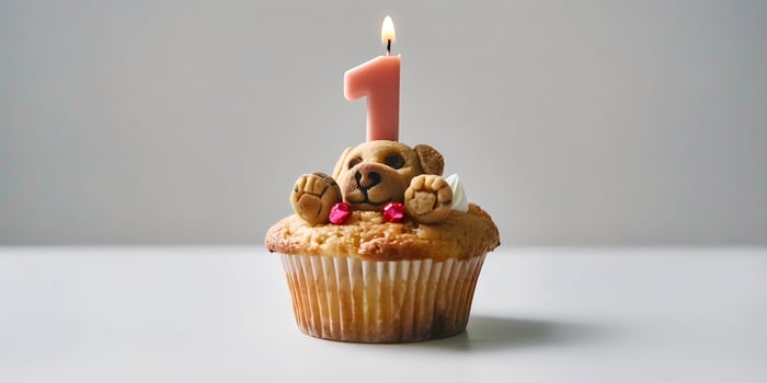A cupcake with a candle on top that has a dog on it photo