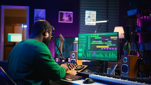 African american composer creating a new track for a project, using professional production pc interface in his home studio. Creative artist songwriter producing music with sound effects. Camera B. photo