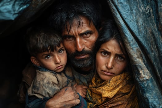 Family huddles under makeshift shelter, sharing comfort and strength photo