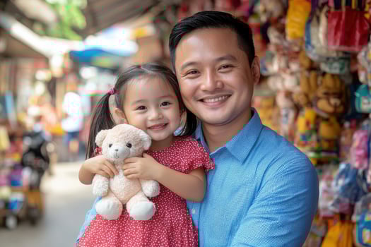 Young girl with pigtails and teddy bear hides behind father at street market photo