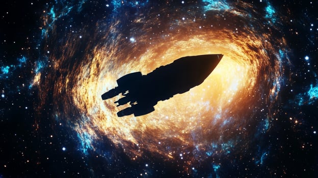A deep cosmic abyss with a starship silhouetted against the glowing galaxy backdrop photo
