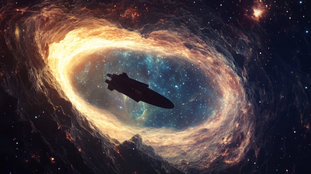 A deep cosmic abyss with a starship silhouetted against the glowing galaxy backdrop photo