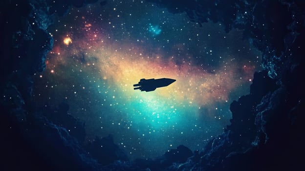 A deep cosmic abyss with a starship silhouetted against the glowing galaxy backdrop photo